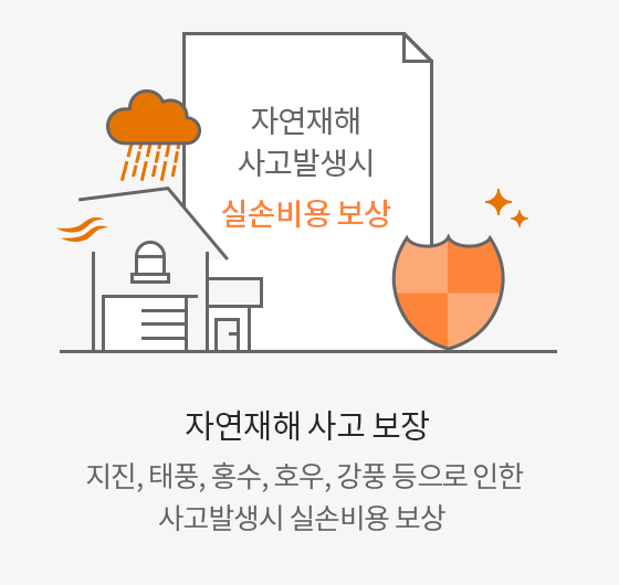 자연재해 사고발생시 실손비용보상 이미지.  자연재해 사고 보장. 지진, 태풍, 홍수, 호우, 강풍 등으로 인한 사고발생시 실손비용 보상