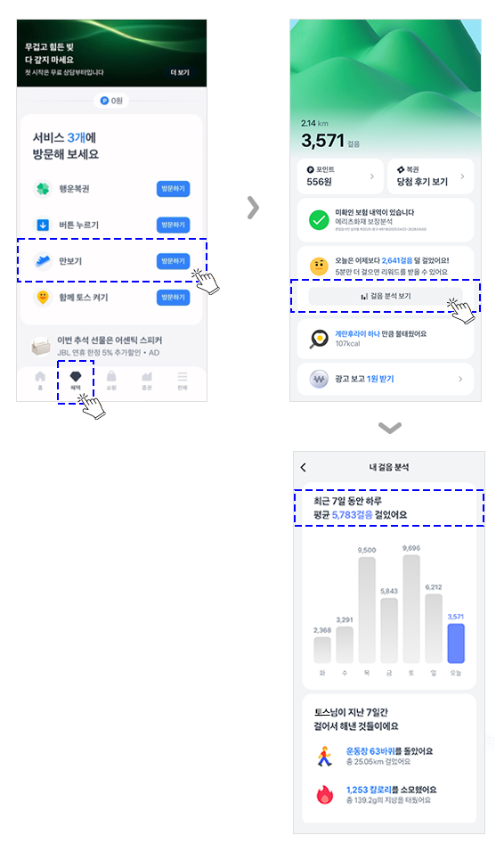 토스 만보기 걸음수 확인 방법. 1) 만보기메뉴 터치 2) 걸음 분석 보기 터치 