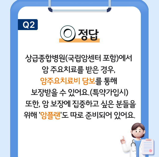 정답 O 상급종합병원(국립암센터 포함)에서 암 주요치료를 받은 경우, 암주요치료비 담보를 통해 보장받을 수 있어요.(특약가입시) 또한, 암 보장에 집중하고 싶은 분들을 위해 '암플랜'도 따로 준비되어 있어요.